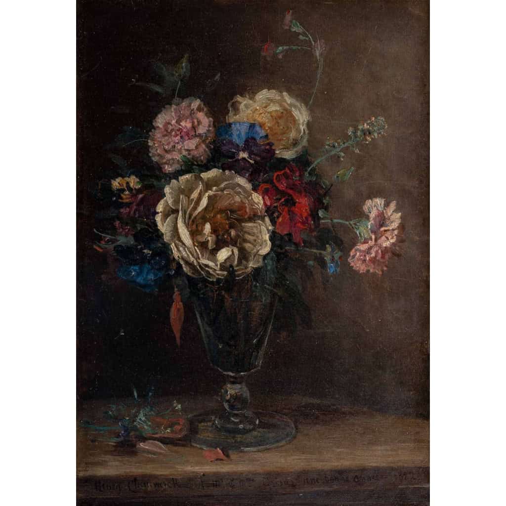 Huile sur toile, Fleurs peintes par Henry Cleenewerck, XIXème siècle