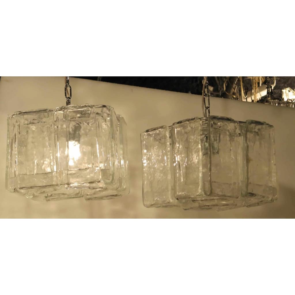 1970′ Paire de Lustres ou Lanternes par Fratelli en Forme de Cage Cristal de Murano | Biron ||||||||