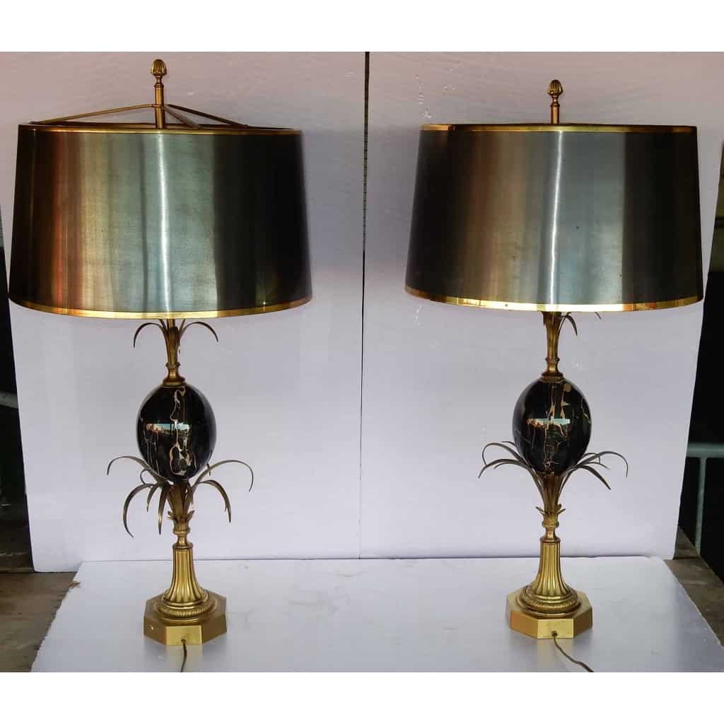 1950/70 Paire de Lampes en Bronze et Œuf en Marbre Portor Signée Charles | Biron ||||||||
