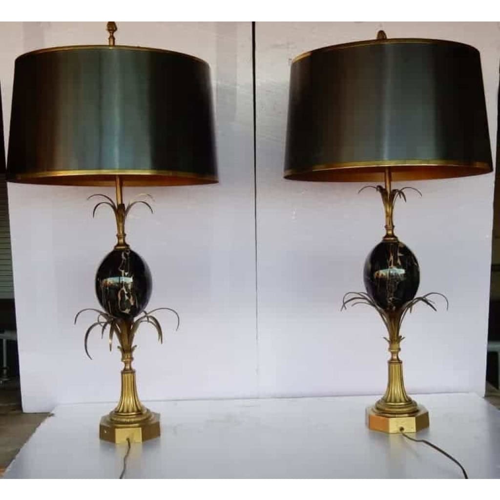 1950/70 Paire de Lampes en Bronze et Œuf en Marbre Portor Signée Charles | Biron 1950/70 Paire de Lampes en Bronze et Œuf en Marbre Portor Signée Charles