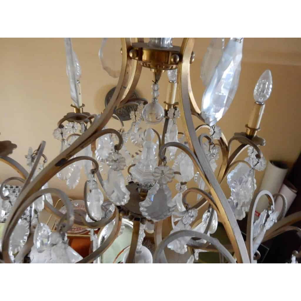 1950′ Lustre Cage Style Louis XV A 8 Lumières Et Cristal Baccarat | Biron 1950′ Lustre Cage Style Louis XV A 8 Lumières Et Cristal Baccarat