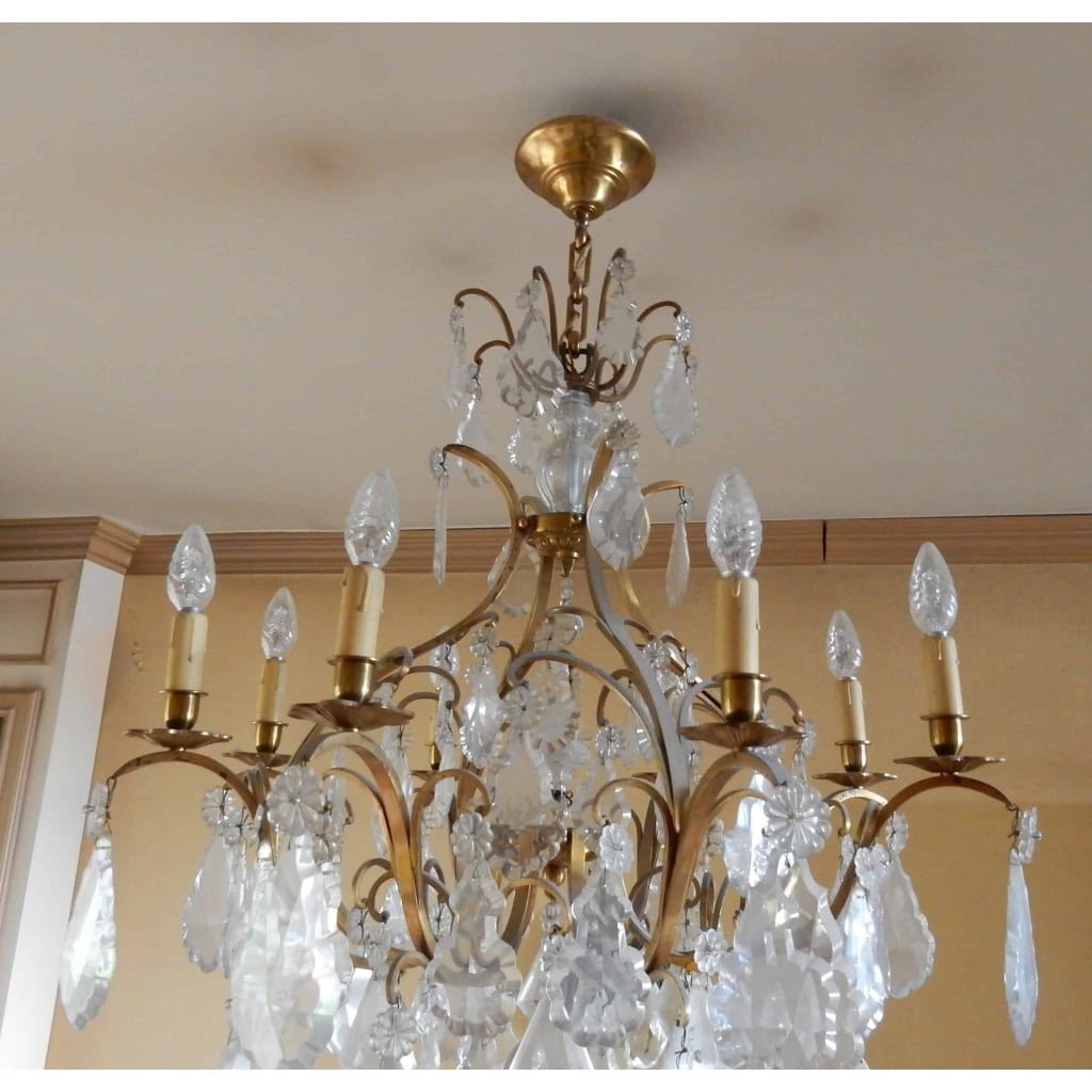 1950′ Lustre Cage Style Louis XV A 8 Lumières Et Cristal Baccarat | Biron 1950′ Lustre Cage Style Louis XV A 8 Lumières Et Cristal Baccarat