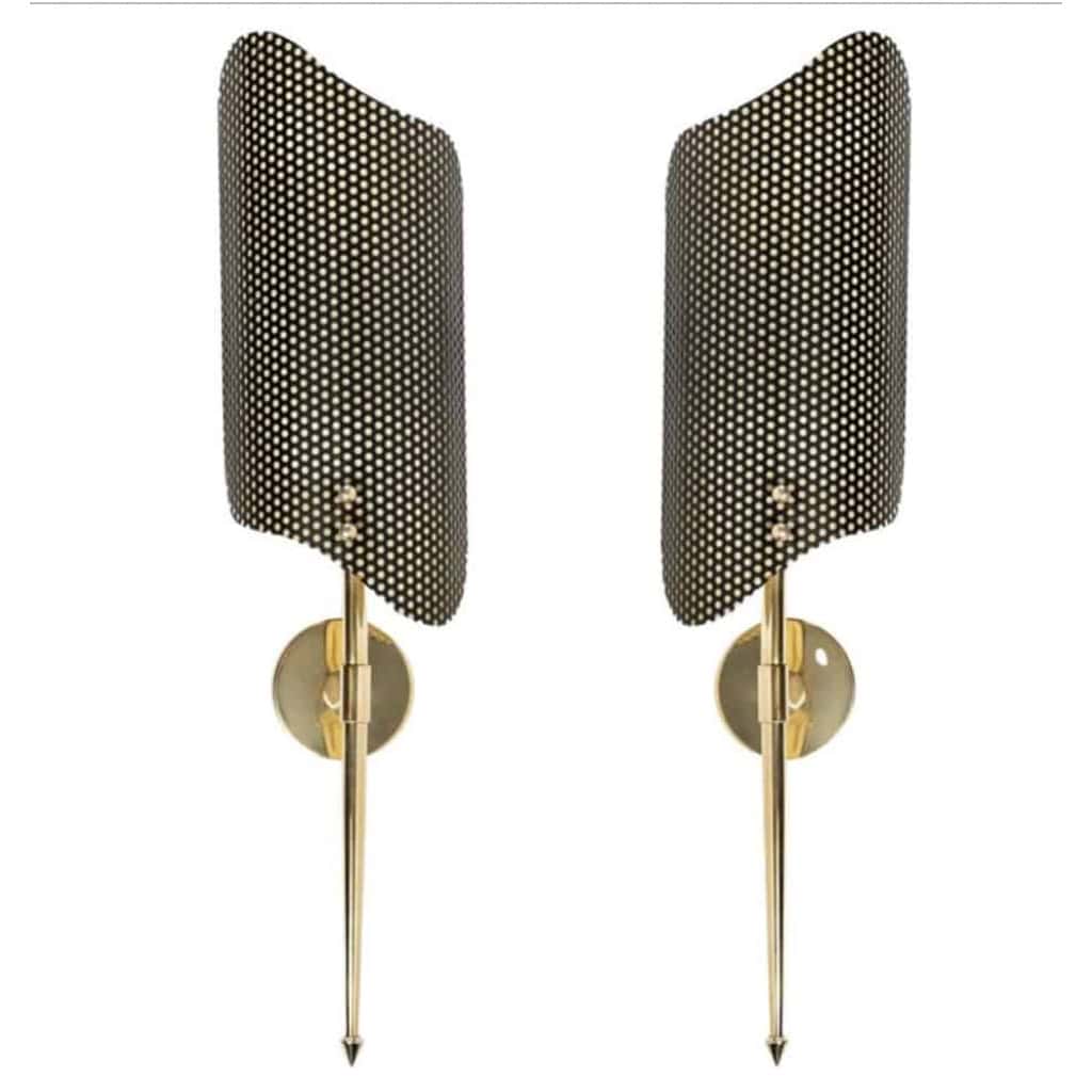 1950 Rare paire d’appliques en laiton et métal perforé par Mathieu Matégot | Biron ||||||