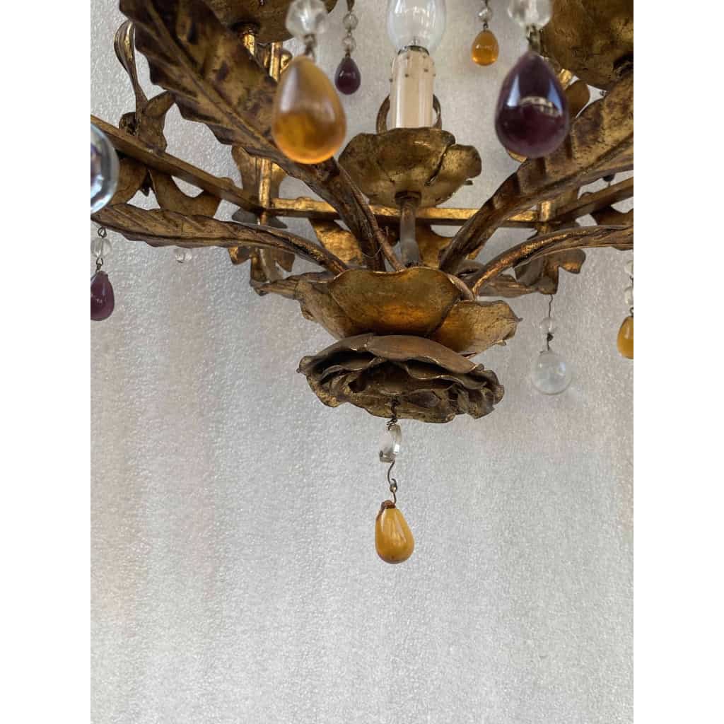 1970′ Lanterne Italienne En Fer Doré Avec Pampilles En Verre Coloré H 80 cm | Biron 1970′ Lanterne Italienne En Fer Doré Avec Pampilles En Verre Coloré H 80 cm