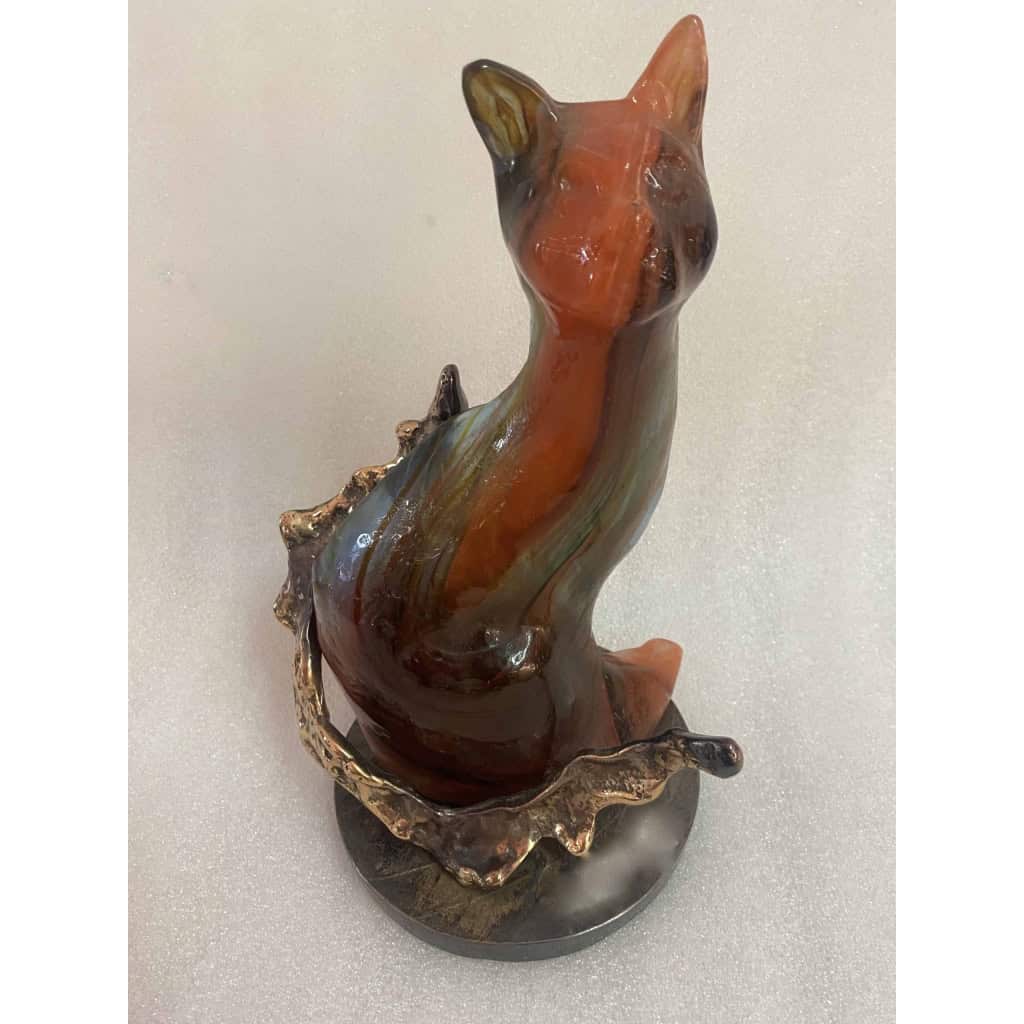 1970/80 Chat En Bronze Et Pâte De Verre, Sculpture Signée LOHE 2