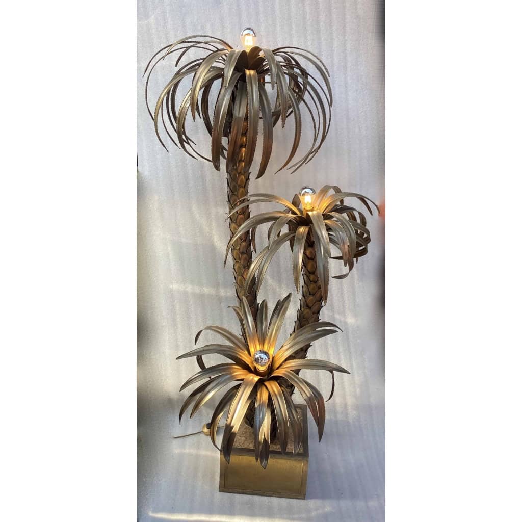 1970′ Lampadaire Palmier en Laiton Et fer Patiné Maison Jansen 3 Têtes Style Brutaliste H 170 cm | Biron ||||||||||||||||
