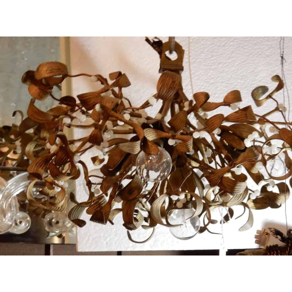 1900′ Lustre Boule de Gui en Bronze Art Nouveau à 5 Lampes Diamètre 45 cm | Biron |||||||||