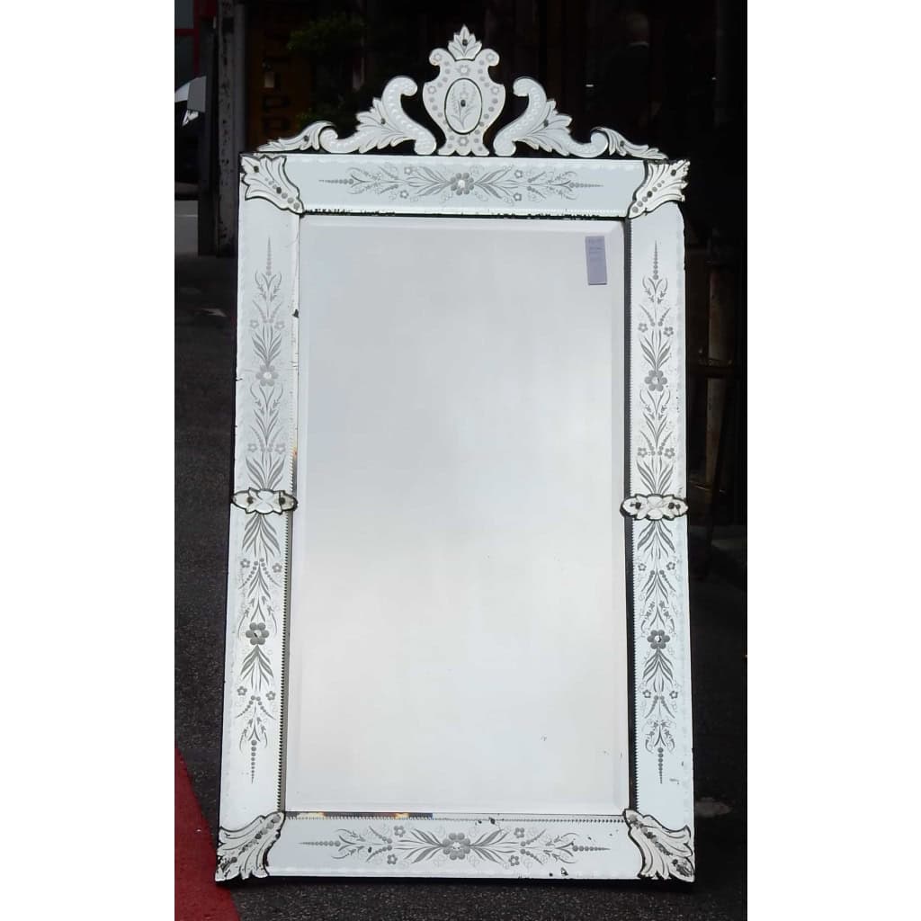 1900′ Miroir Vénitien A Décor Floral et Fronton 172 x 89 cm 2