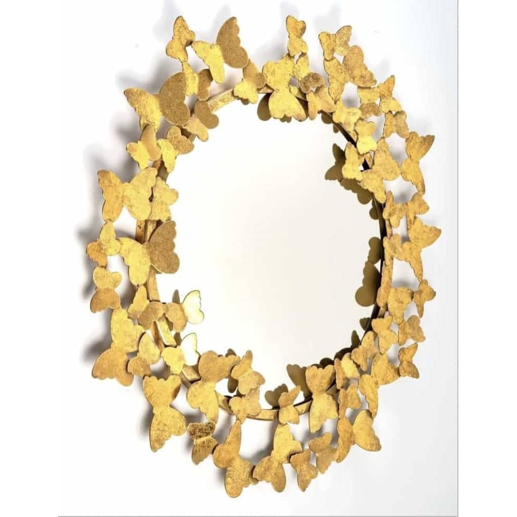 1960 Miroir aux papillons en métal doré de la Maison FlorArt | Biron 1960 Miroir aux papillons en métal doré de la Maison FlorArt