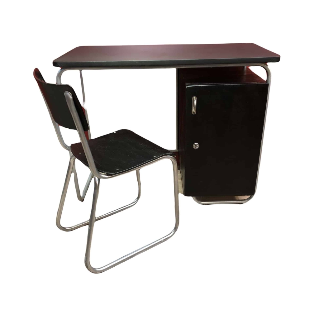 Bureau style BAUHAUS en bois peint et pieds tubulaires en métal plateau gainé de similicuir noir | Biron |||||||