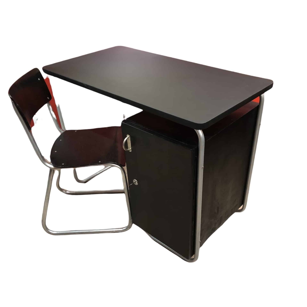 Bureau style BAUHAUS en bois peint et pieds tubulaires en métal plateau gainé de similicuir noir | Biron Bureau style BAUHAUS en bois peint et pieds tubulaires en métal plateau gainé de similicuir noir