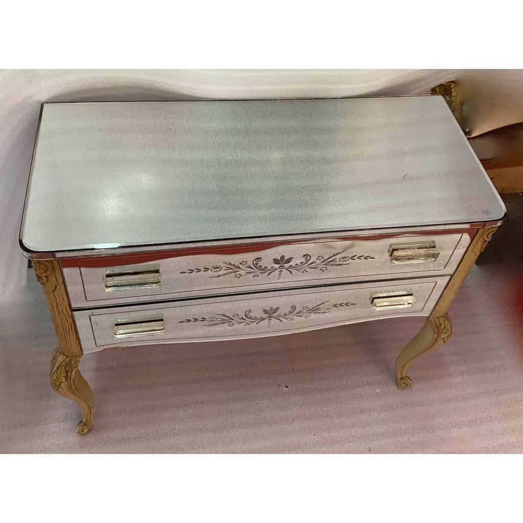 1950/70 Commode Style LXV Gainée De Miroirs Gravés A 2 Tiroirs
