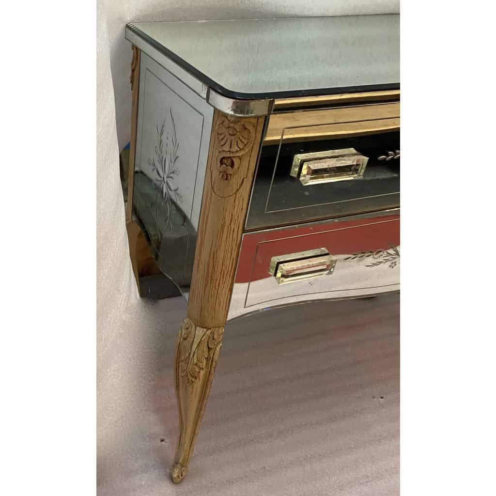 1950/70 Commode Style LXV Gainée De Miroirs Gravés A 2 Tiroirs