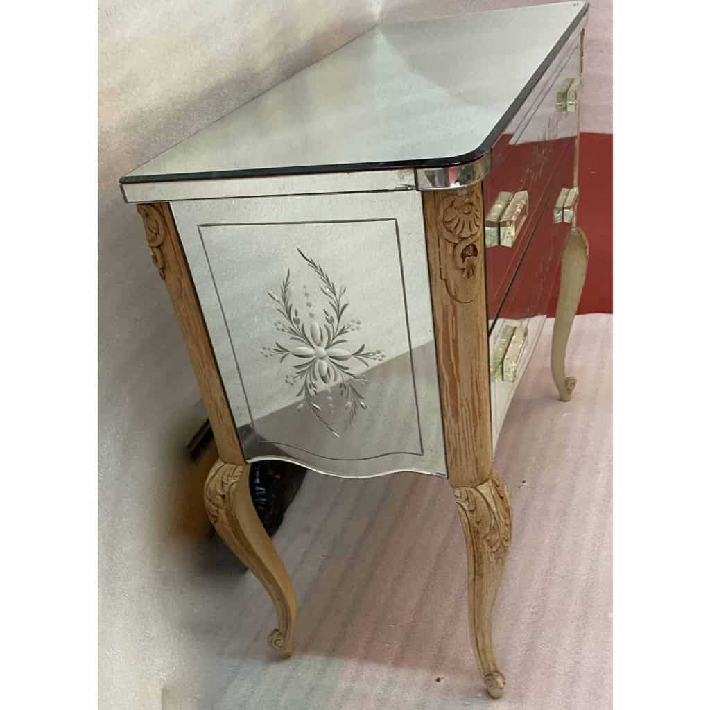 1950/70 Commode Style LXV Gainée De Miroirs Gravés A 2 Tiroirs