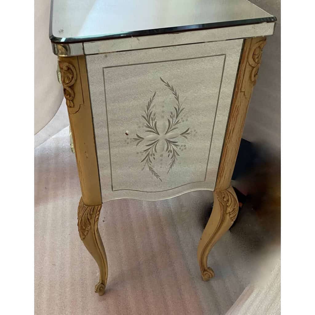 1950/70 Commode Style LXV Gainée De Miroirs Gravés A 2 Tiroirs