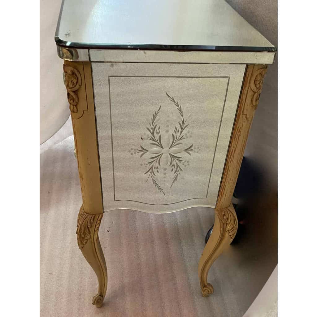 1950/70 Commode Style LXV Gainée De Miroirs Gravés A 2 Tiroirs