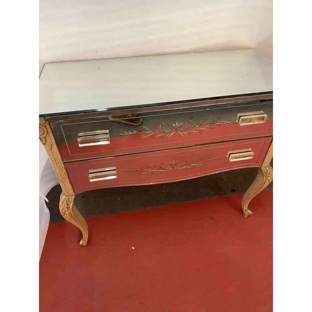 1950/70 Commode Style LXV Gainée De Miroirs Gravés A 2 Tiroirs