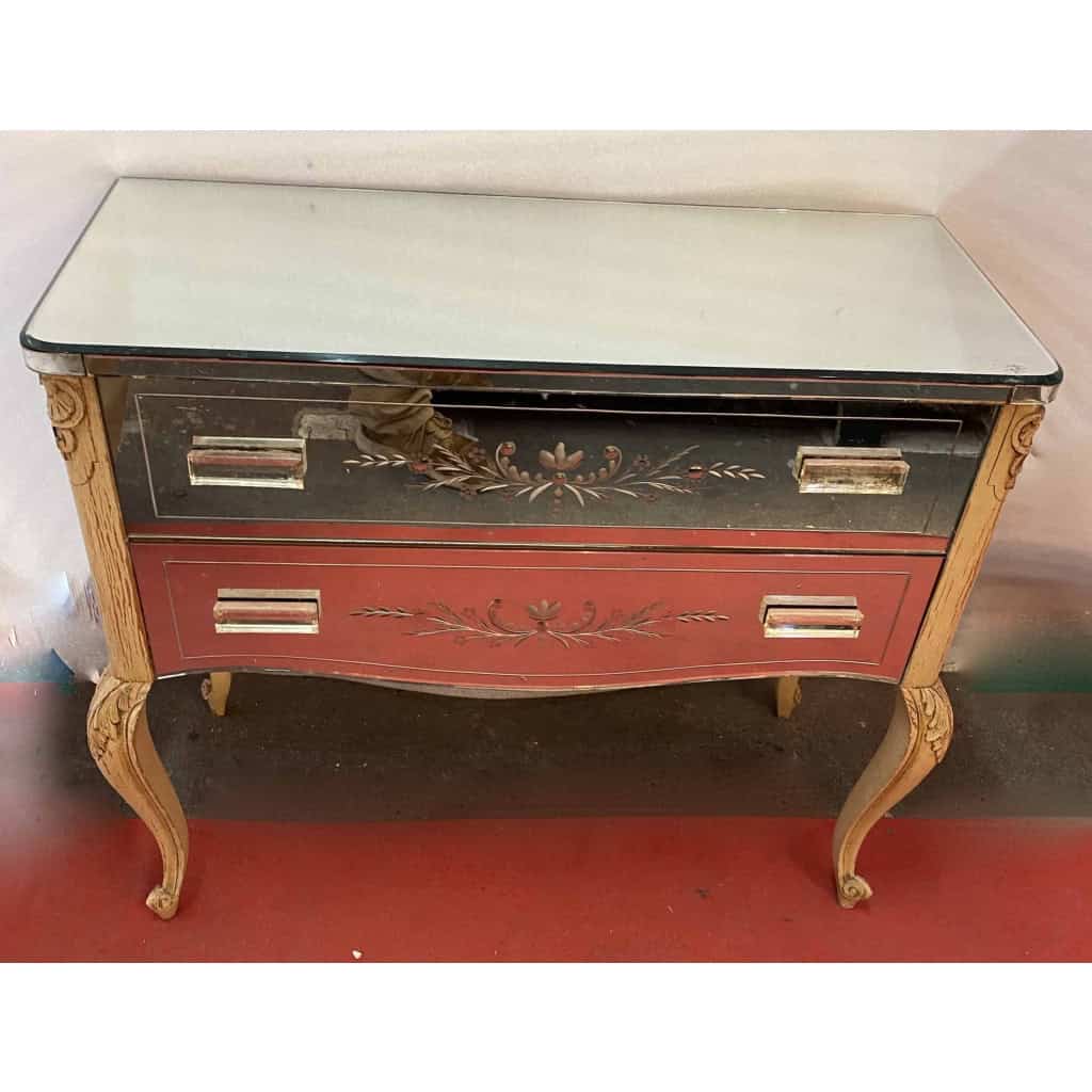 1950/70 Commode Style LXV Gainée De Miroirs Gravés A 2 Tiroirs
