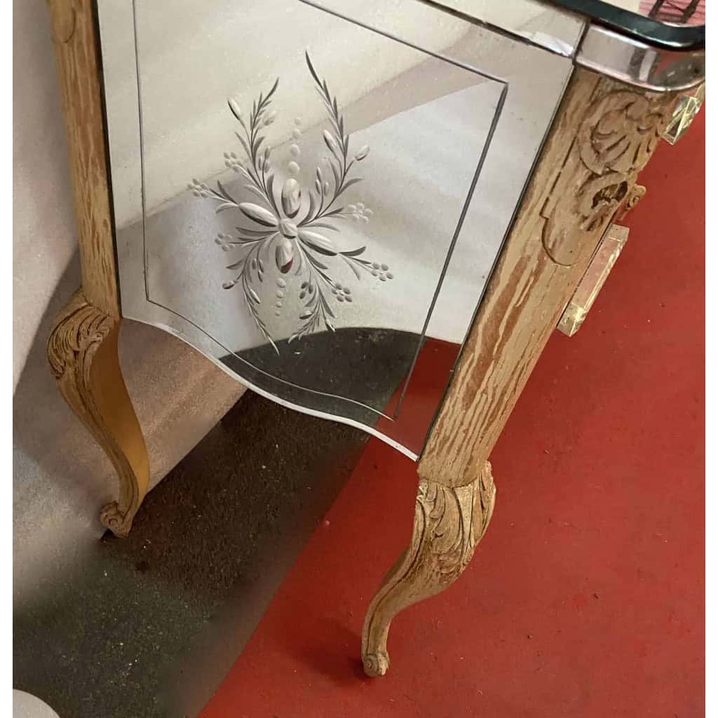 1950/70 Commode Style LXV Gainée De Miroirs Gravés A 2 Tiroirs