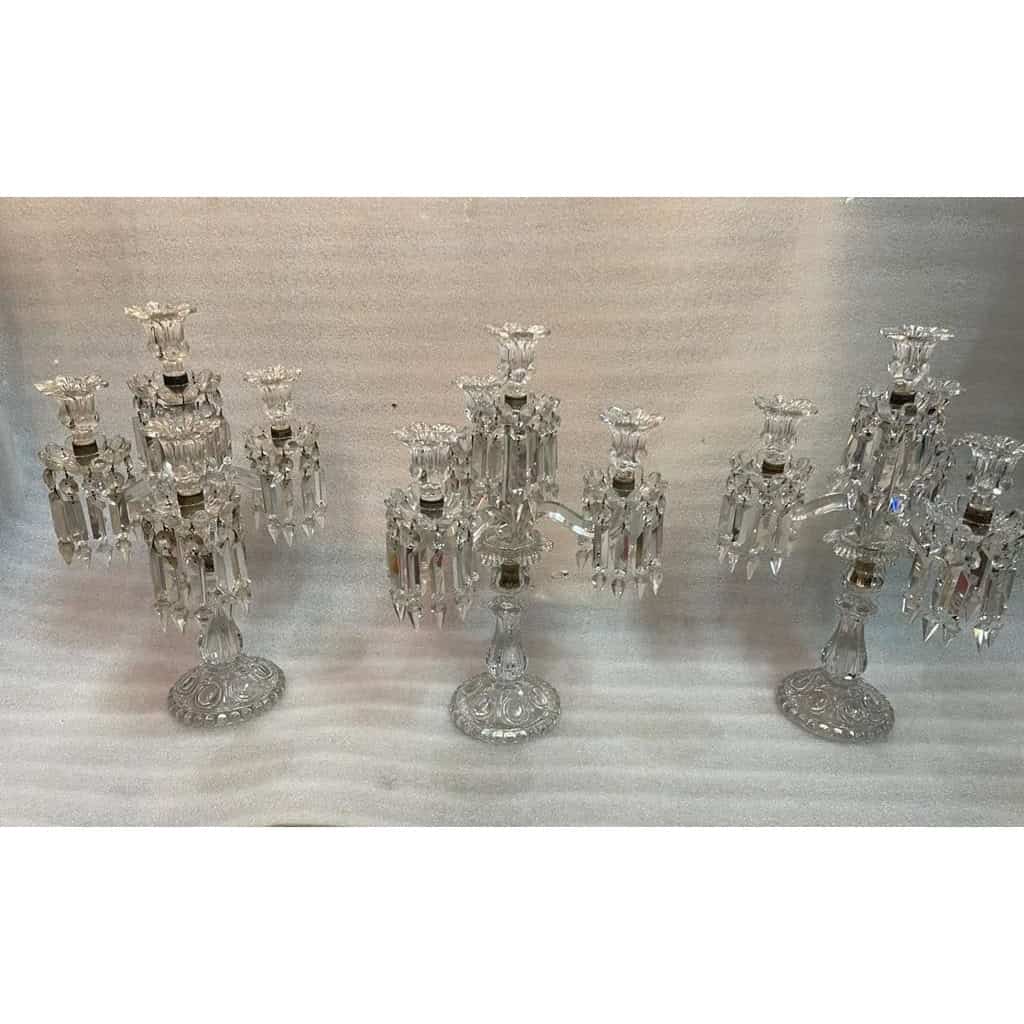 1950′ Série de 3 Chandeliers 3 Branches Socles Perlés Et Signés En Relief BACCARAT | Biron ||||||||||||||||
