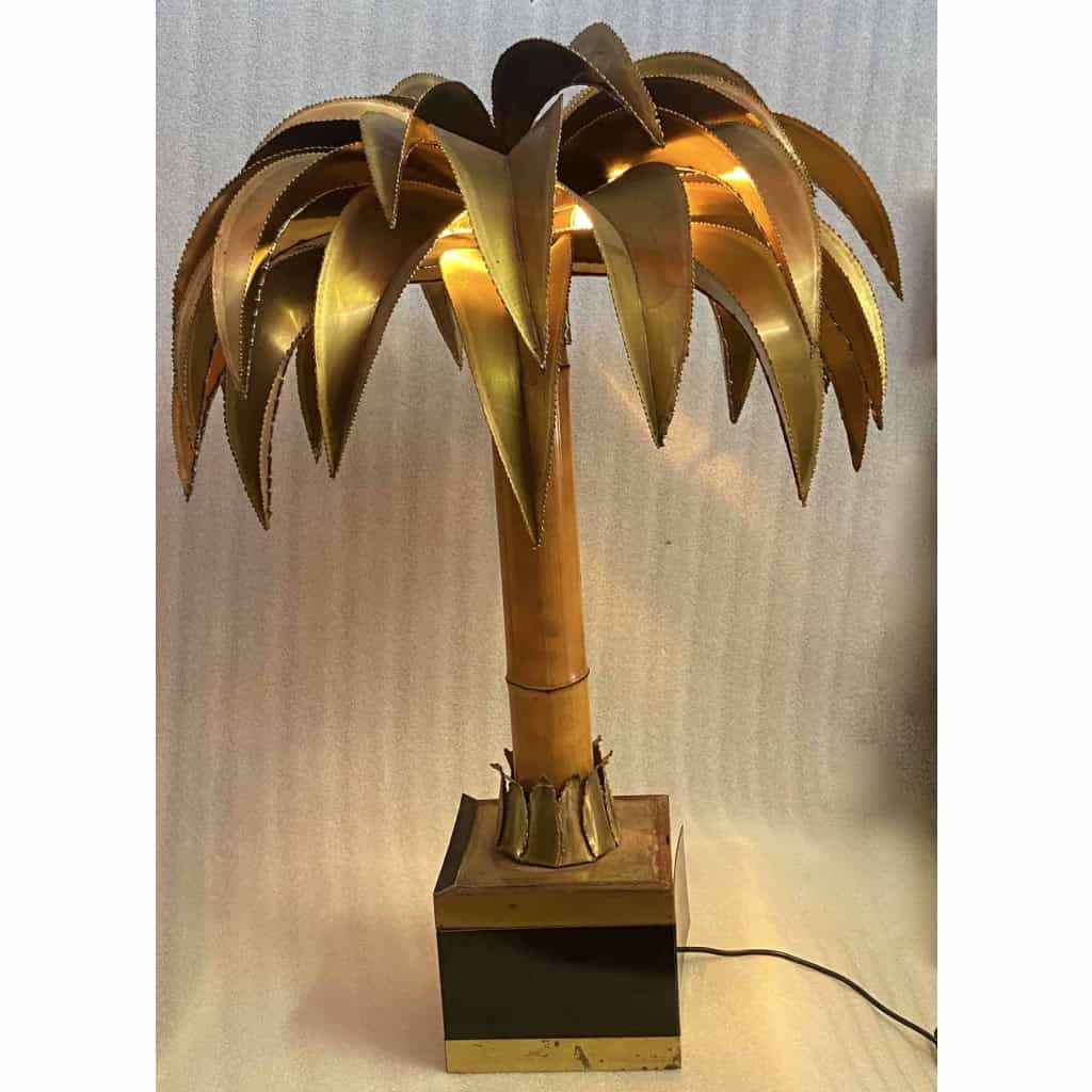 1970′ Lampadaire Palmier, En Laiton Et Bambou Maison Jansen 1 Tête Style Brutaliste H 92 cm | Biron |||||||