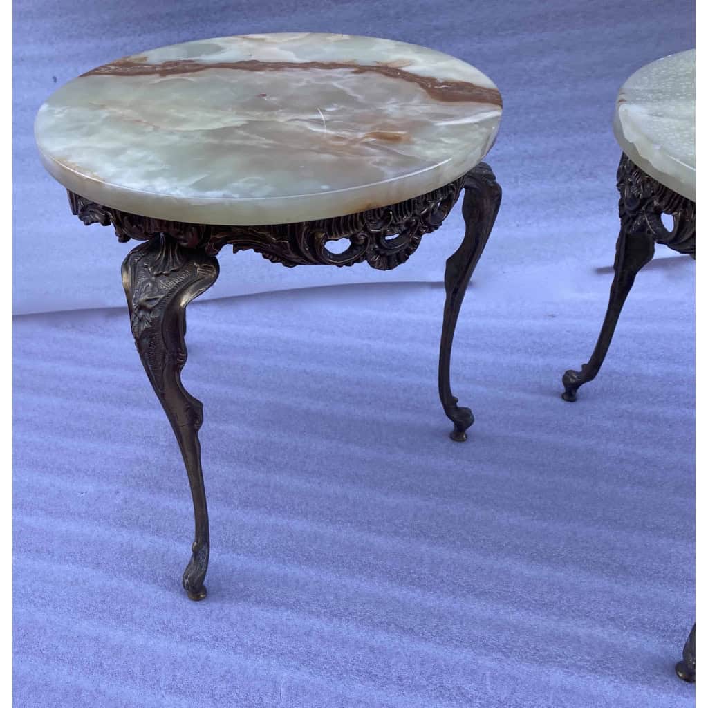 1970′ Paire de Sellettes en Bronze Doré Style LXV Plateaux Onyx 3