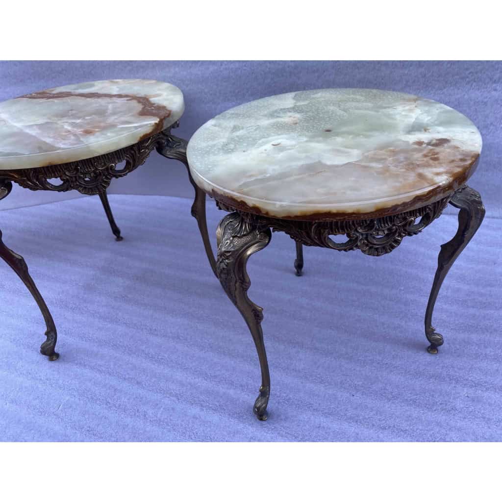 1970′ Paire de Sellettes en Bronze Doré Style LXV Plateaux Onyx 4