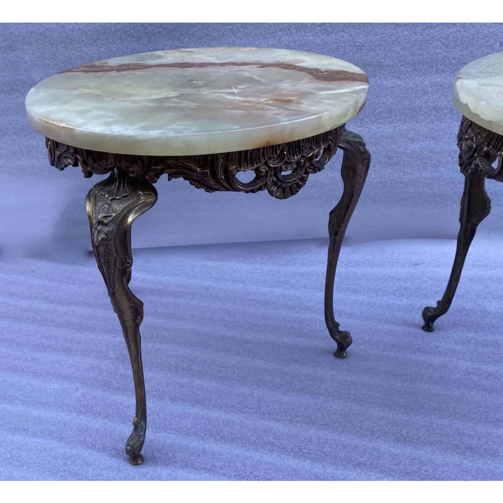 1970′ Paire de Sellettes en Bronze Doré Style LXV Plateaux Onyx 8