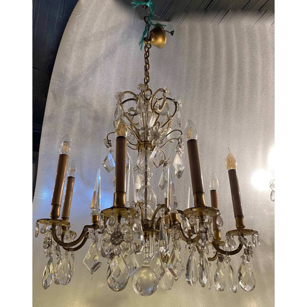 1950′ Lustre Maison Baguès Bronze Et Cristaux +Paire d’Appliques H 70 Ø 70 cm | Biron ||||||||||||||||||||||||