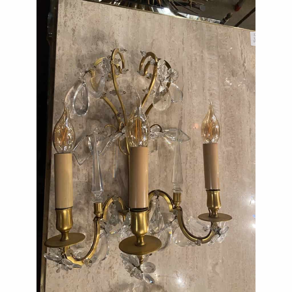 1950′ Lustre Maison Baguès Bronze Et Cristaux +Paire d’Appliques H 70 Ø 70 cm | Biron 1950′ Lustre Maison Baguès Bronze Et Cristaux +Paire d’Appliques H 70 Ø 70 cm