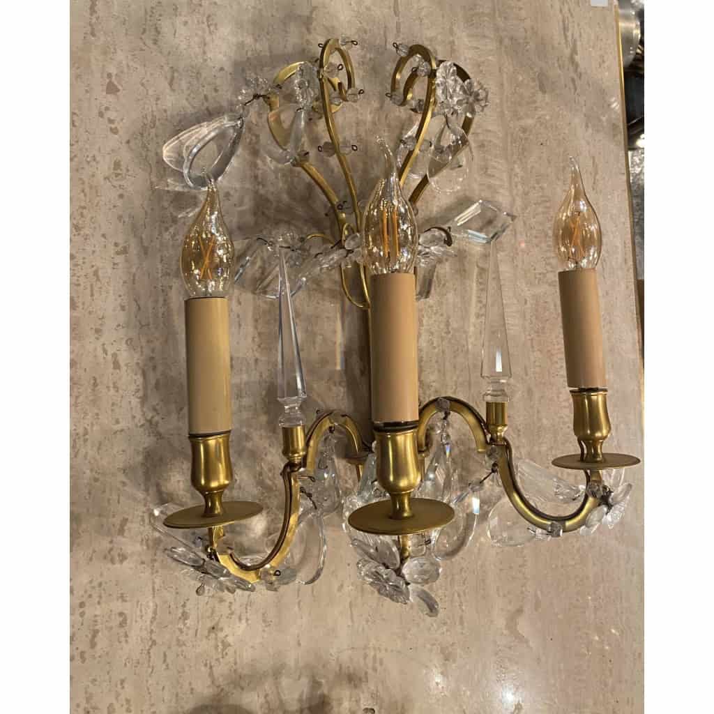 1950′ Lustre Maison Baguès Bronze Et Cristaux +Paire d’Appliques H 70 Ø 70 cm | Biron 1950′ Lustre Maison Baguès Bronze Et Cristaux +Paire d’Appliques H 70 Ø 70 cm