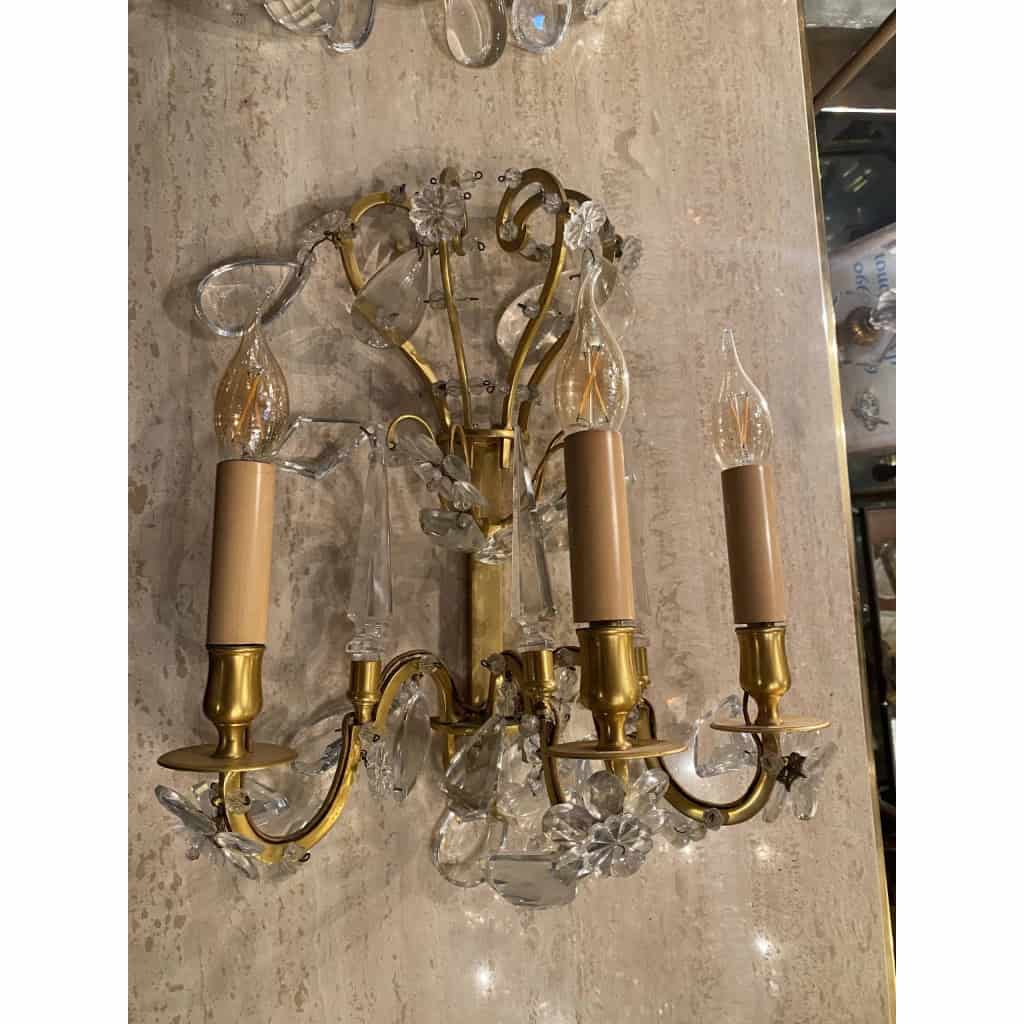 1950′ Lustre Maison Baguès Bronze Et Cristaux +Paire d’Appliques H 70 Ø 70 cm | Biron 1950′ Lustre Maison Baguès Bronze Et Cristaux +Paire d’Appliques H 70 Ø 70 cm