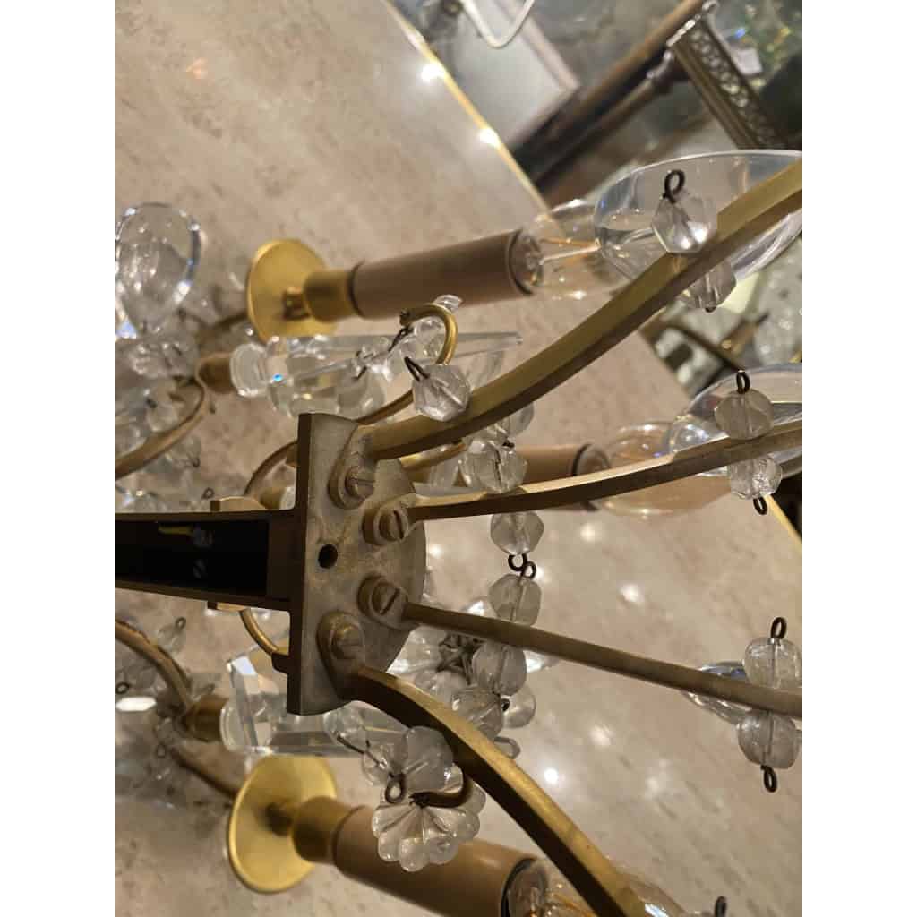 1950′ Lustre Maison Baguès Bronze Et Cristaux +Paire d’Appliques H 70 Ø 70 cm | Biron 1950′ Lustre Maison Baguès Bronze Et Cristaux +Paire d’Appliques H 70 Ø 70 cm