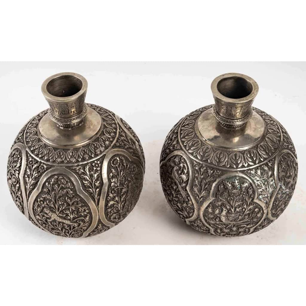 Paire de vases ronds en cuivre et argent, XIXème siècle | Biron Paire de vases ronds en cuivre et argent, XIXème siècle