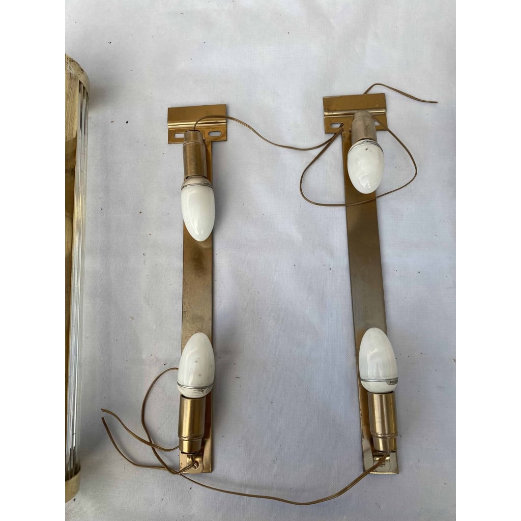 1970’ Paire D’Appliques En Laiton à Tubes de Verre Style Genet Michon Ou Petitot H 55 cm | Biron 1970’ Paire D’Appliques En Laiton à Tubes de Verre Style Genet Michon Ou Petitot H 55 cm