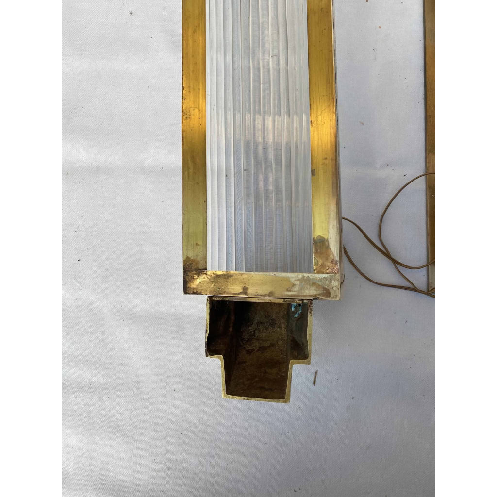 1970’ Paire D’Appliques En Laiton à Tubes de Verre Style Genet Michon Ou Petitot H 55 cm | Biron 1970’ Paire D’Appliques En Laiton à Tubes de Verre Style Genet Michon Ou Petitot H 55 cm