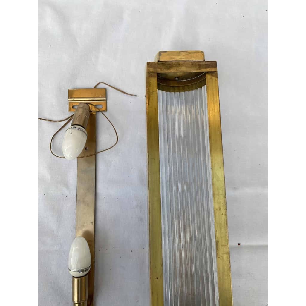 1970’ Paire D’Appliques En Laiton à Tubes de Verre Style Genet Michon Ou Petitot H 55 cm | Biron 1970’ Paire D’Appliques En Laiton à Tubes de Verre Style Genet Michon Ou Petitot H 55 cm