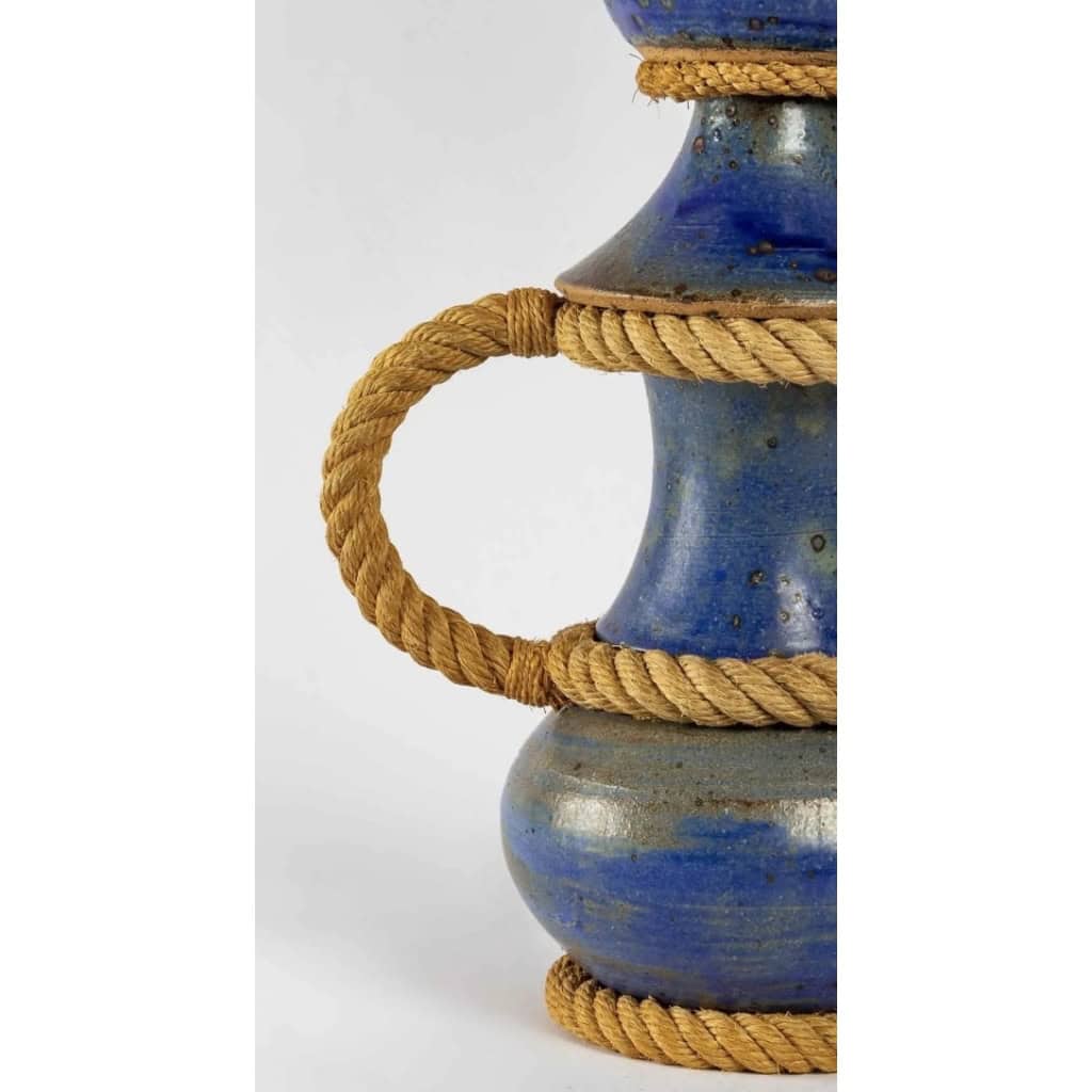 1950 Lampe en céramique habillée de corde réalisé par Audoux Minet | Biron 1950 Lampe en céramique habillée de corde réalisé par Audoux Minet