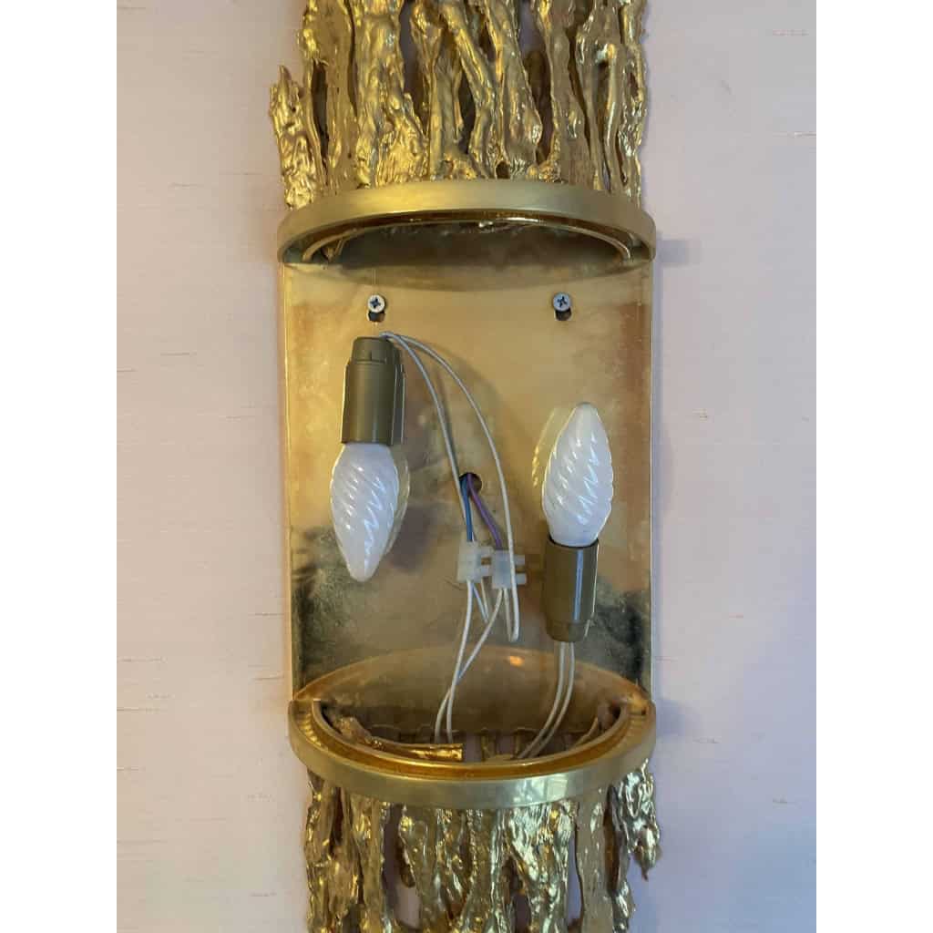 1970′ Paire D’Appliques En Bronze Doré Et Tubes En Verre Par Victor Boeltz Décor Stalagmites et Stalactites H103 cm | Biron 1970′ Paire D’Appliques En Bronze Doré Et Tubes En Verre Par Victor Boeltz Décor Stalagmites et Stalactites H103 cm