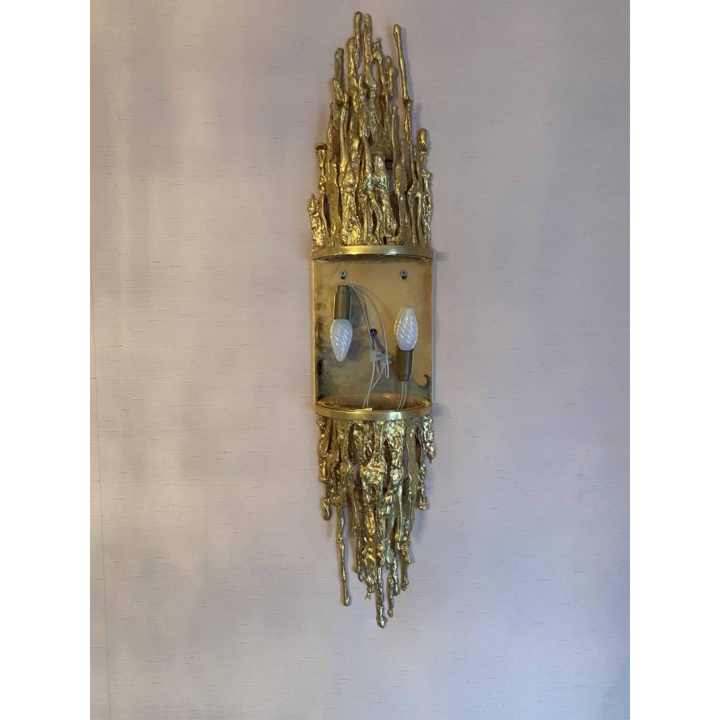 1970′ Paire D’Appliques En Bronze Doré Et Tubes En Verre Par Victor Boeltz Décor Stalagmites et Stalactites H103 cm | Biron 1970′ Paire D’Appliques En Bronze Doré Et Tubes En Verre Par Victor Boeltz Décor Stalagmites et Stalactites H103 cm