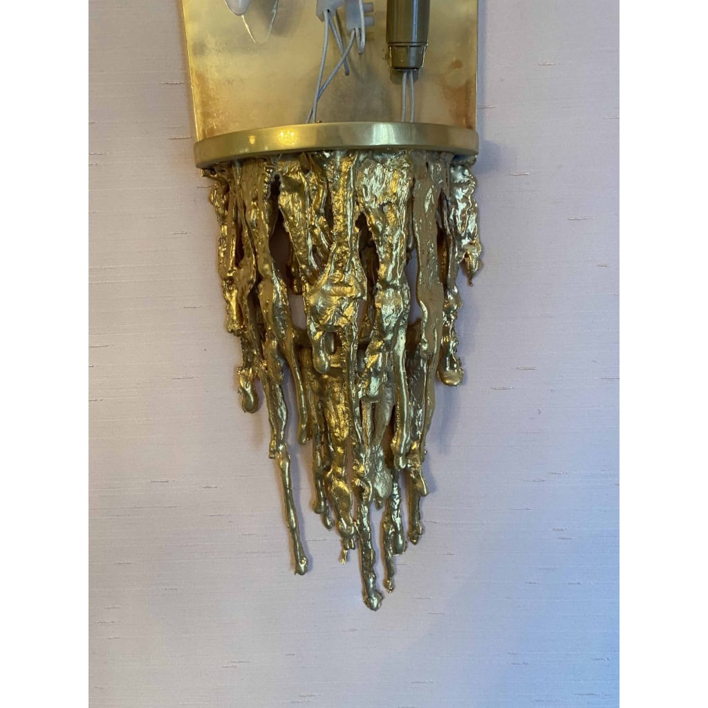 1970′ Paire D’Appliques En Bronze Doré Et Tubes En Verre Par Victor Boeltz Décor Stalagmites et Stalactites H103 cm | Biron 1970′ Paire D’Appliques En Bronze Doré Et Tubes En Verre Par Victor Boeltz Décor Stalagmites et Stalactites H103 cm
