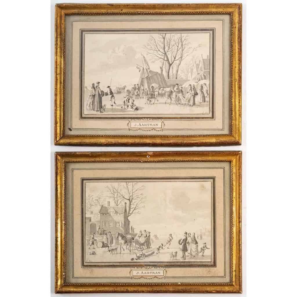Deux lavis, scènes de patinage, signées Nicolaes Mattijsz Aartman | Biron |||||||||
