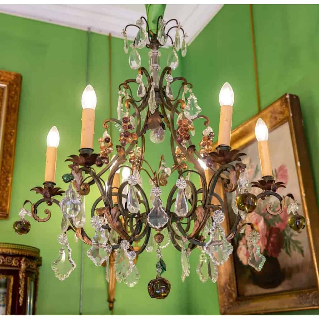 Lustre années 1940 en fer forgé et fruits en cristal | Biron |||||||