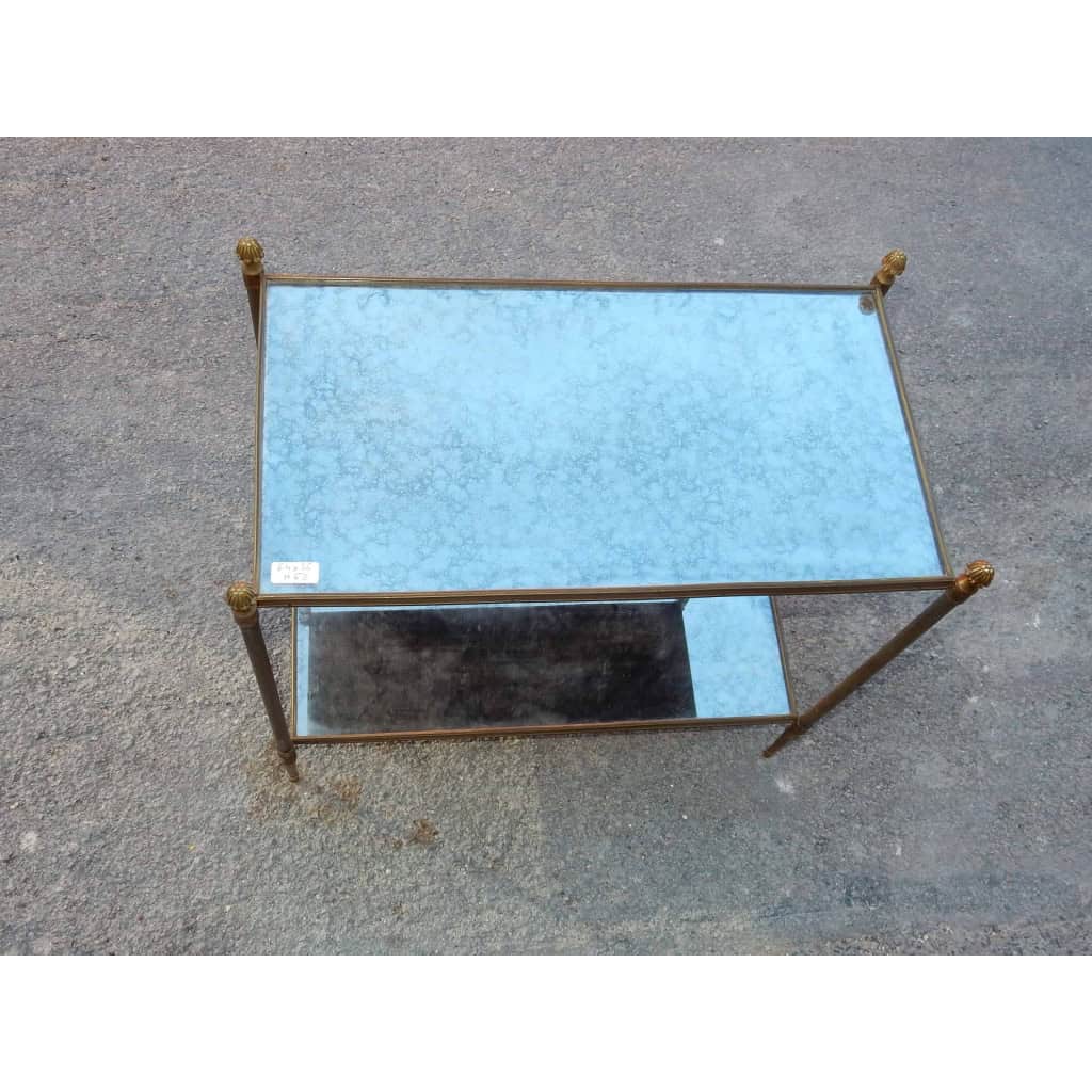 1950/70′ Bout De Canapé Rectangulaire Maison Baguès Laiton et Bronze Plateaux Miroir Oxydé Vieilli et Fleur 64 X 36 cm | Biron 1950/70′ Bout De Canapé Rectangulaire Maison Baguès Laiton et Bronze Plateaux Miroir Oxydé Vieilli et Fleur 64 X 36 cm
