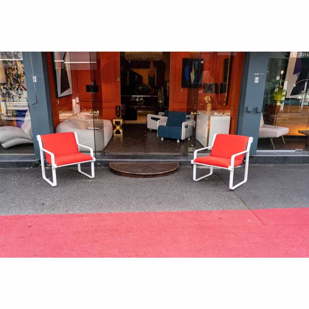 Hannah and Morrison pour Knoll, Paire de fauteuils en aluminium laqué blanc et tissu, années 1970 | Biron ||