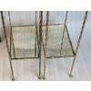 1950/70′ Paire de Tables en Bronze Doré Décor Bambou à 2 Niveaux Maison Baguès Plateaux Miroirs Vieillis Oxydés 34X 20 x