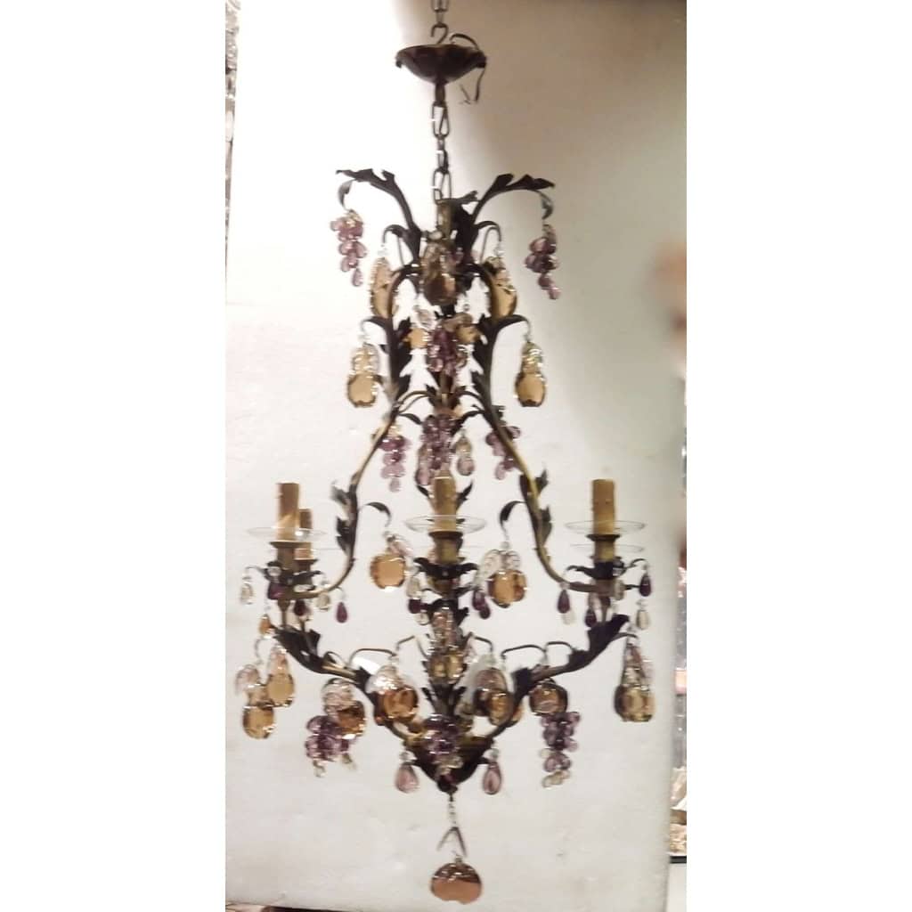 1970′ Lustre Cage en Laiton Doré Style Maison Baguès Feuilles et Fruits en Verre Colorés | Biron |||||||||