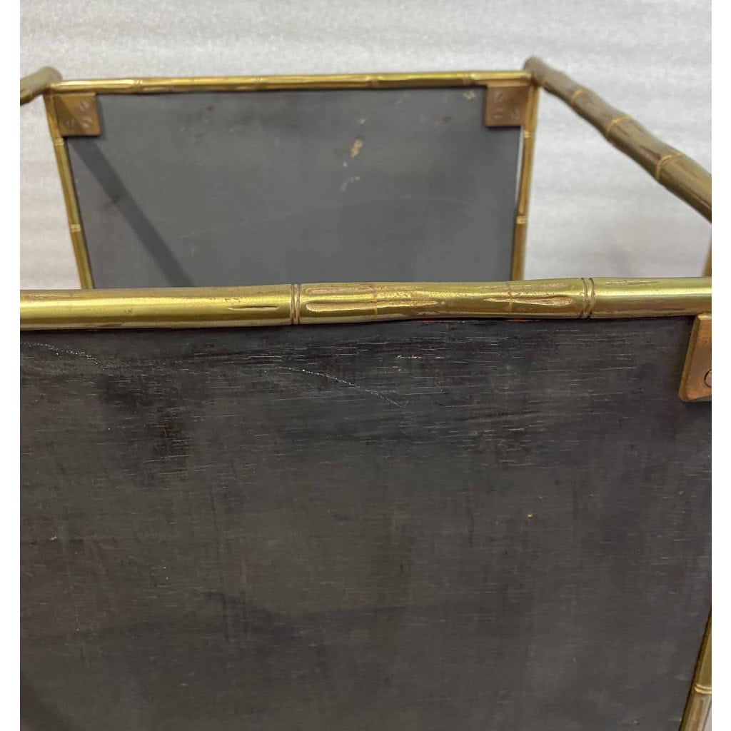 1950′ Paire de Tables Maison Baguès Décor Bambou en Bronze Doré Avec Plateaux Bois Décor Marbre 64 X 39 X H 58 cm