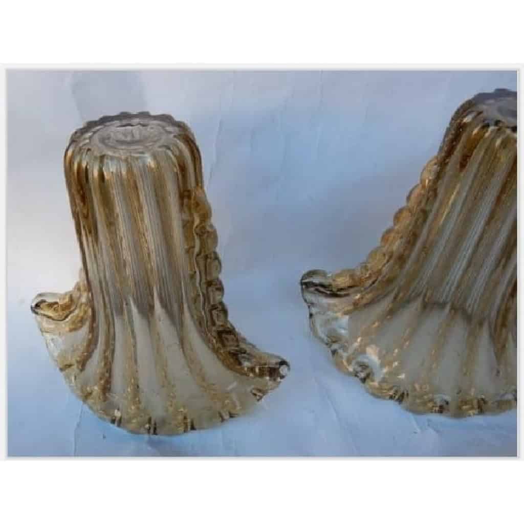 1970′ Paire de Vases Cristal Murano Fumé et Or Signés Toso H 33 Cm 4