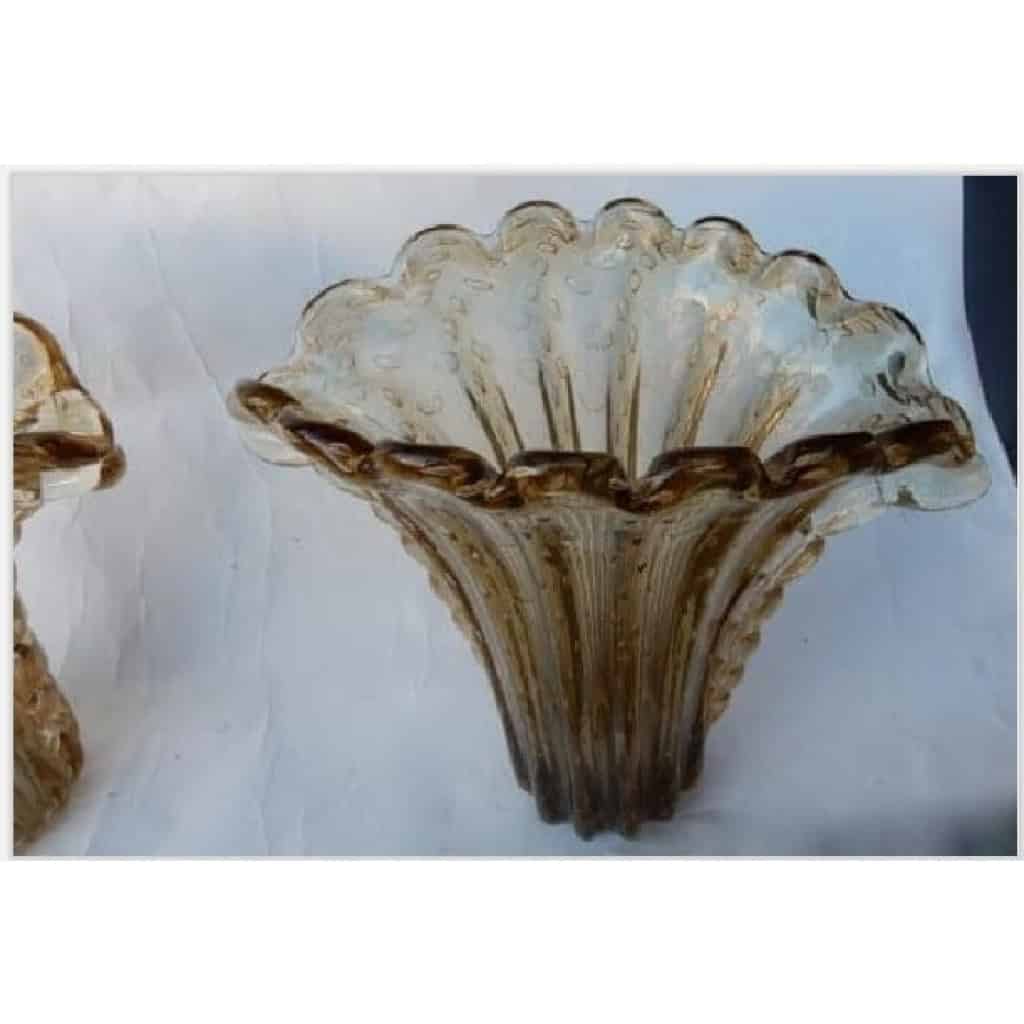 1970′ Paire de Vases Cristal Murano Fumé et Or Signés Toso H 33 Cm 7